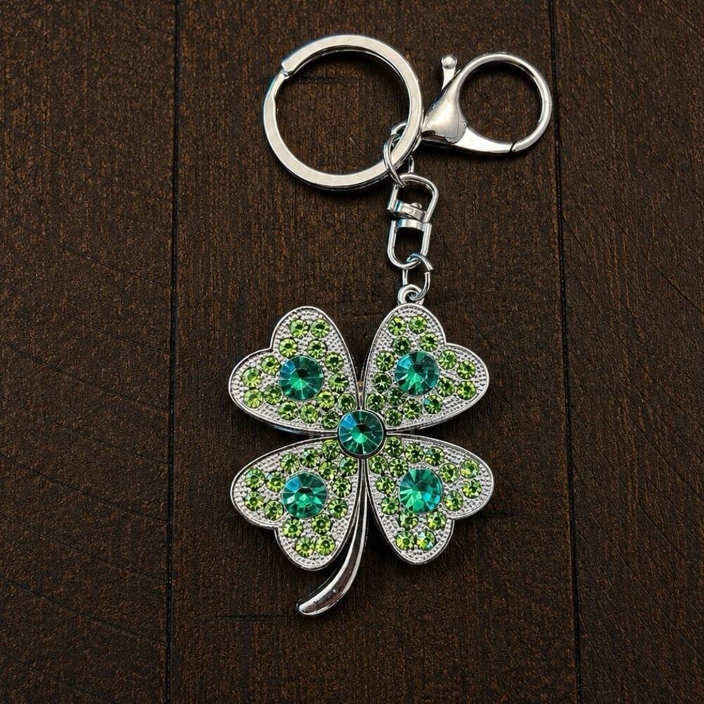 Green Crystal Four Leaf Clover Keychain Lucky Rhinestone Bag Charm